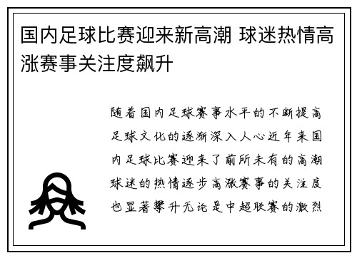 国内足球比赛迎来新高潮 球迷热情高涨赛事关注度飙升