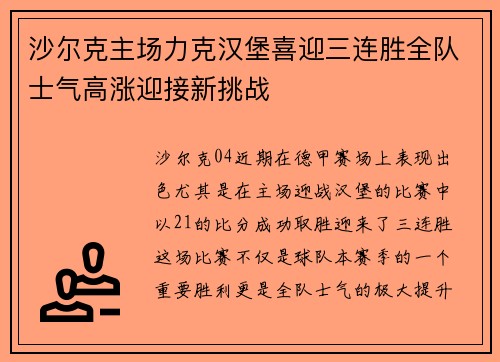 沙尔克主场力克汉堡喜迎三连胜全队士气高涨迎接新挑战