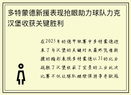 多特蒙德新援表现抢眼助力球队力克汉堡收获关键胜利