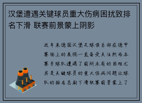 汉堡遭遇关键球员重大伤病困扰致排名下滑 联赛前景蒙上阴影