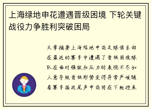 上海绿地申花遭遇晋级困境 下轮关键战役力争胜利突破困局