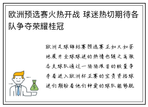 欧洲预选赛火热开战 球迷热切期待各队争夺荣耀桂冠